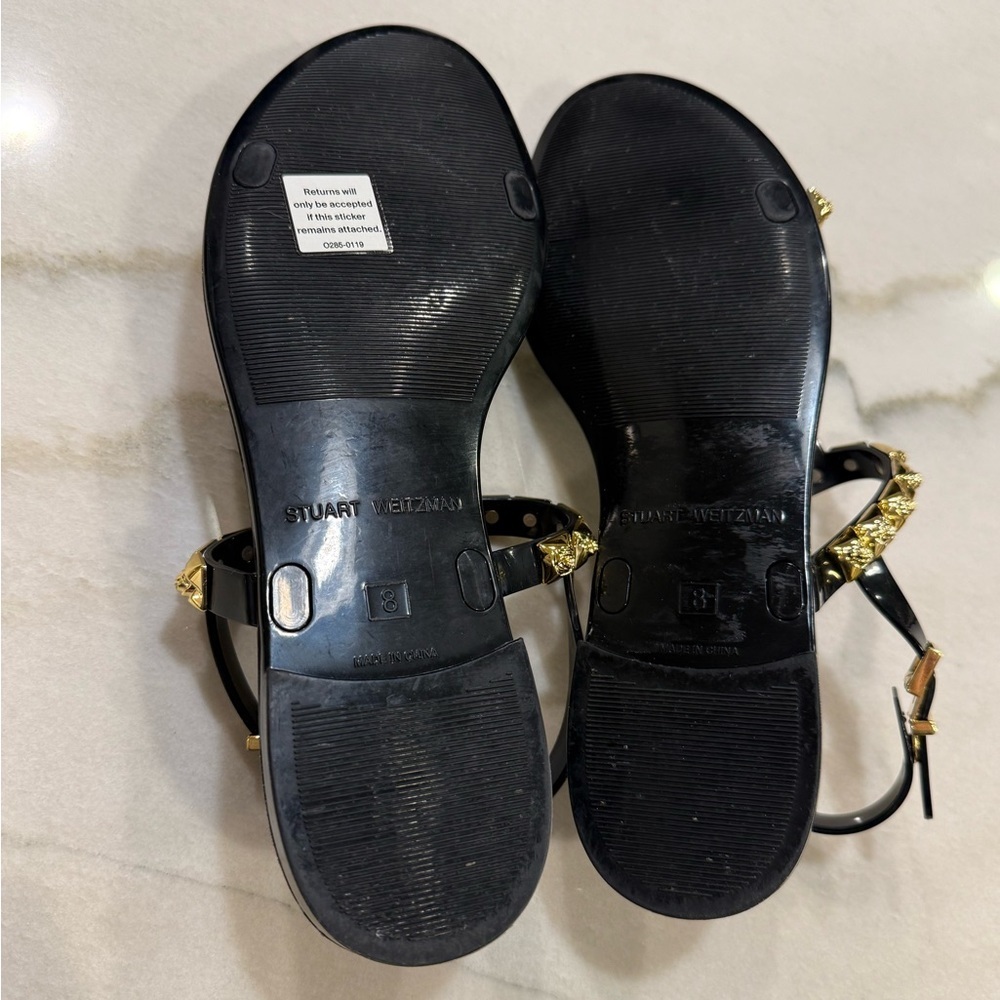 Stuart Weitzman Jelly Sandals Size 8 Black Gold Embellishments - Picture 9 of 11